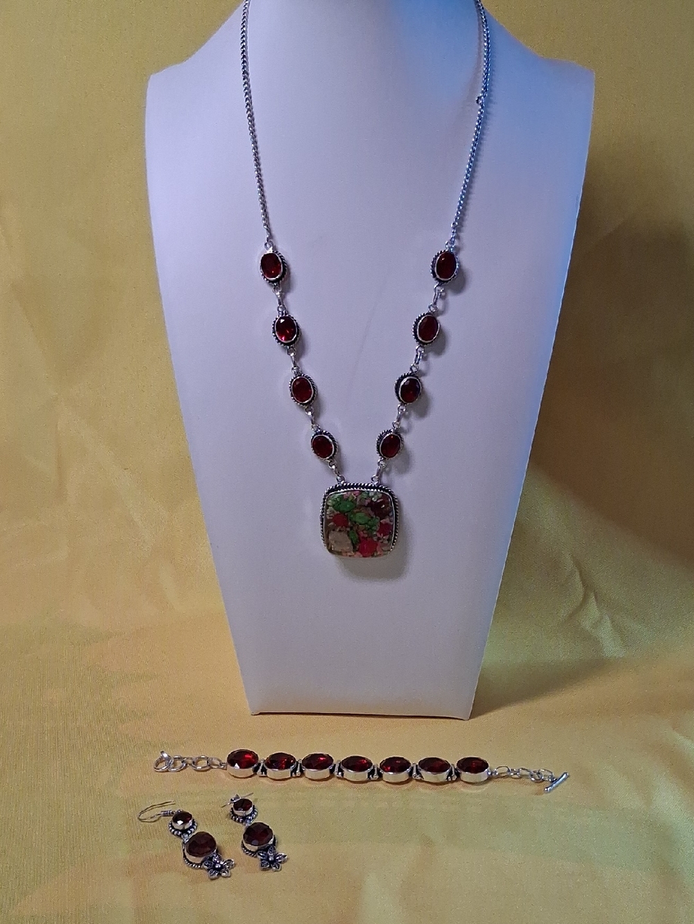 Silverplated Red Glass and Stone Necklace, Bracelet & Earring Set